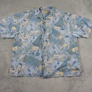 Three Palm Shirt Mens XXL Blue Silk All Over Print Hawaiian Camp Casual